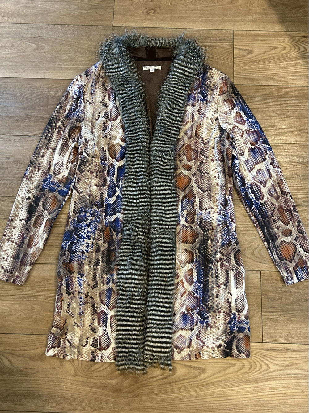 Alberto Makali Snakeskin Print Faux Fur Trim Long Coat Jacket L